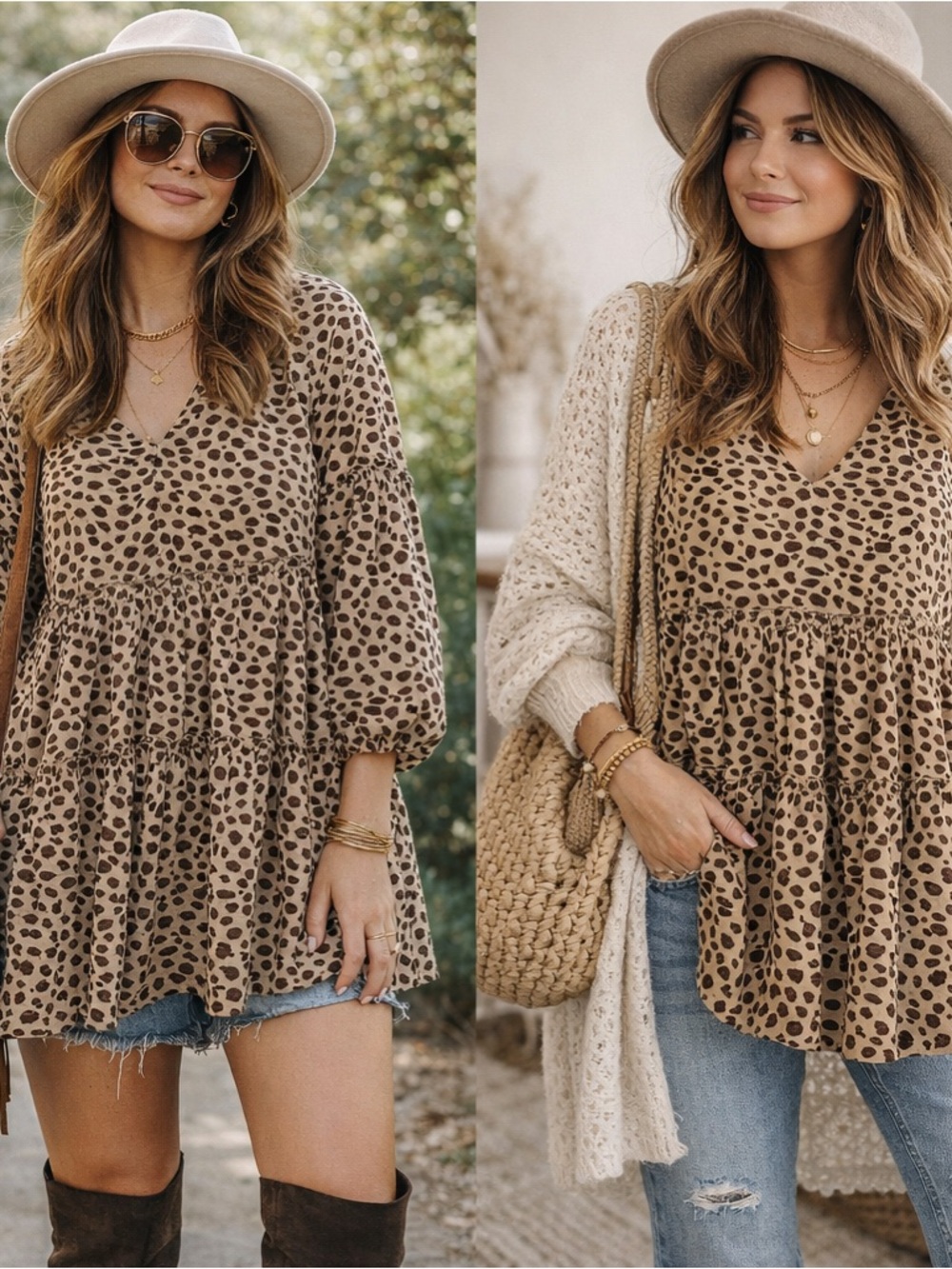Love Riche Beige Leopard Print Tiered V-Neck Tunic